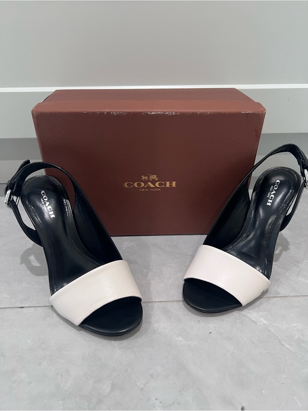 Coach Black and White Open-Toe Slingback Heels